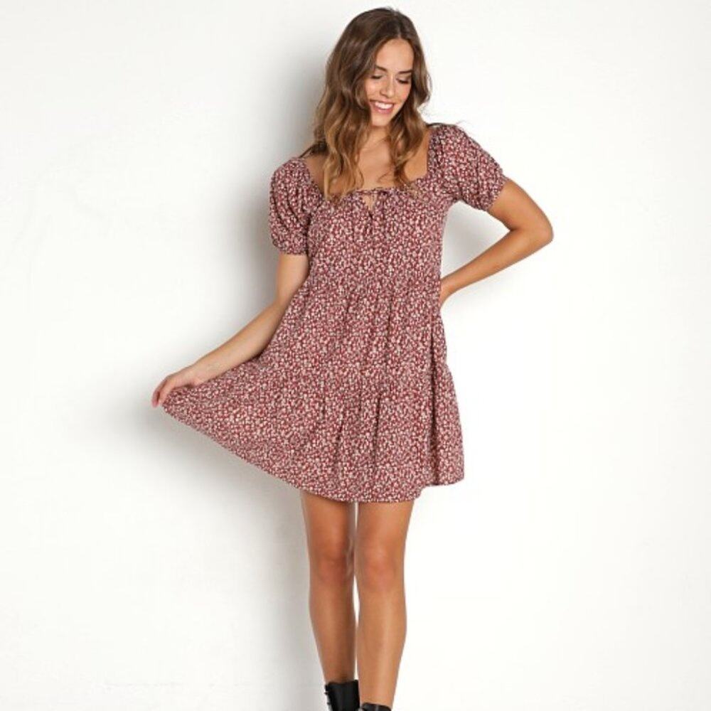 LACAUSA Playa Mini‎ Dress in Cocoa Magic Mushroom Size S NWT